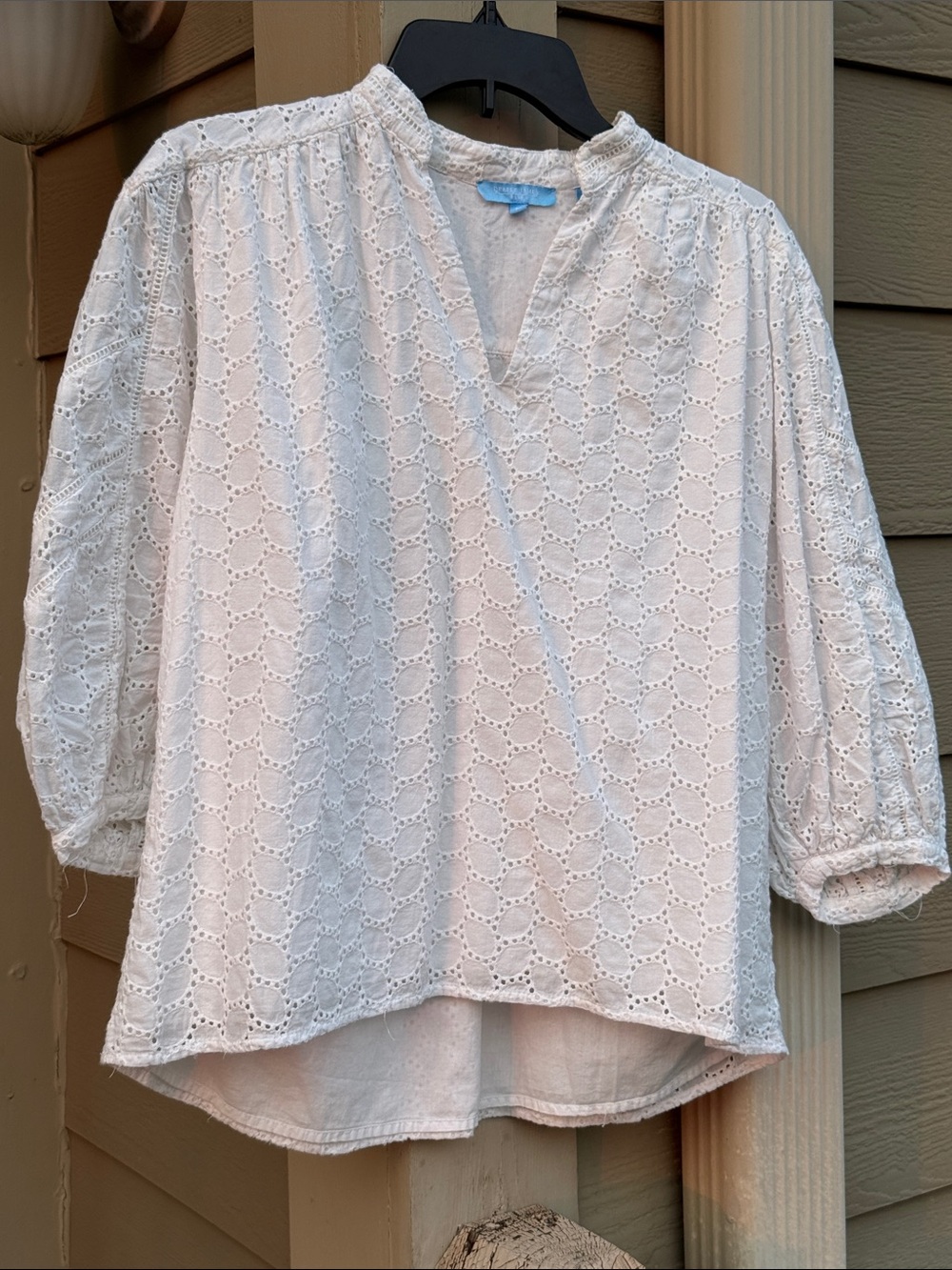 Draper James white Eyelet Split-Neck Puff Sleeve 100% Cotton Top